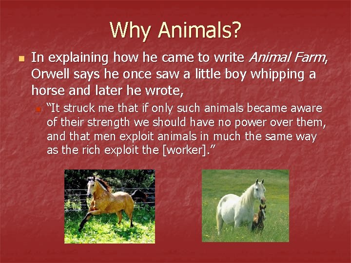 Why Animals? n In explaining how he came to write Animal Farm, Orwell says