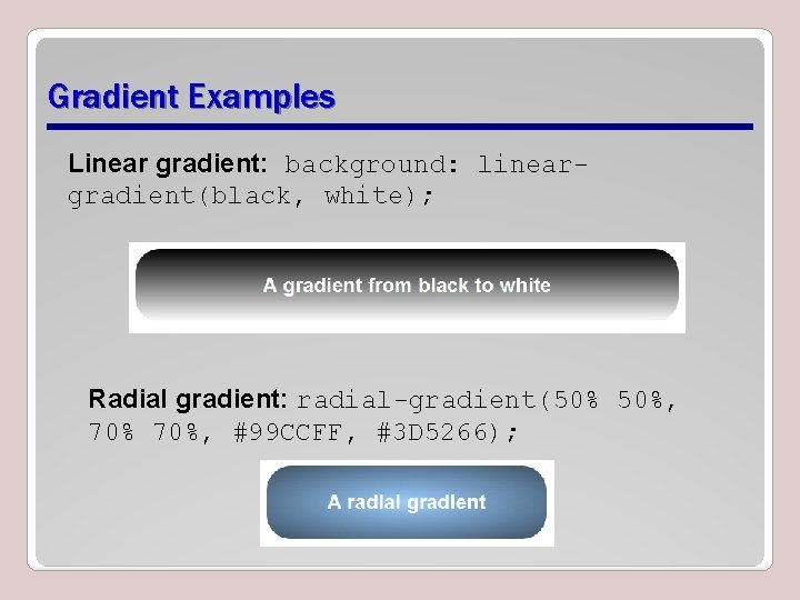 Gradient Examples Linear gradient: background: lineargradient(black, white); Radial gradient: radial-gradient(50% 50%, 70%, #99 CCFF, Gradient Examples Linear gradient: background: lineargradient(black, white); Radial gradient: radial-gradient(50% 50%, 70%, #99 CCFF,