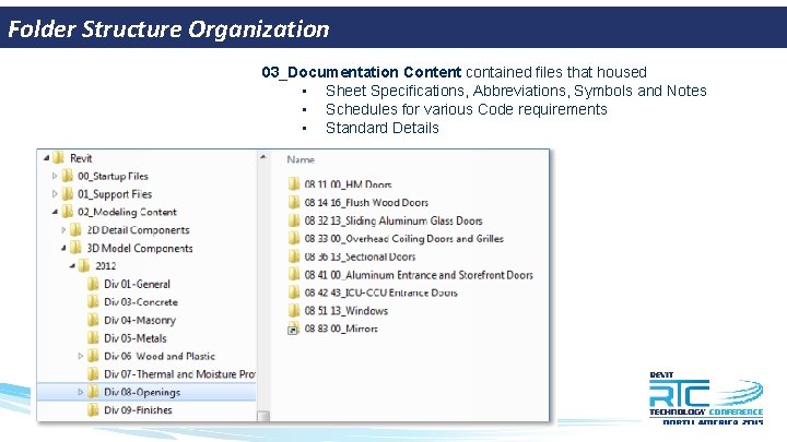 Folder Structure Organization 03_Documentation Content contained files that housed • Sheet Specifications, Abbreviations, Symbols