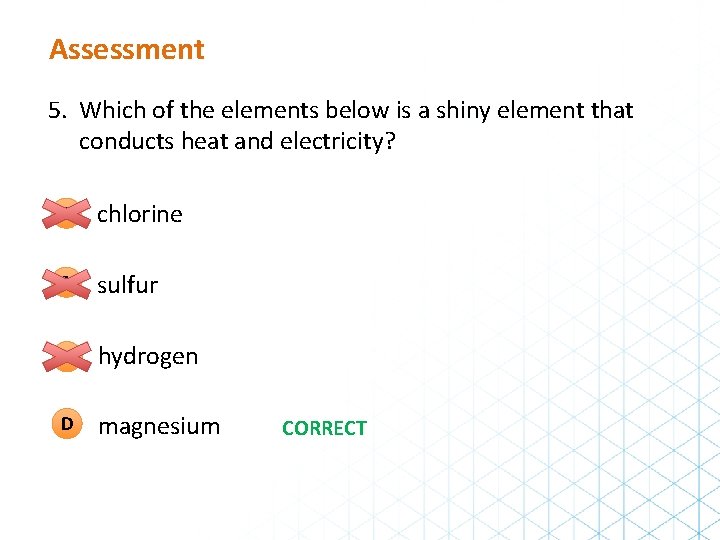 Assessment 5. Which of the elements below is a shiny element that conducts heat