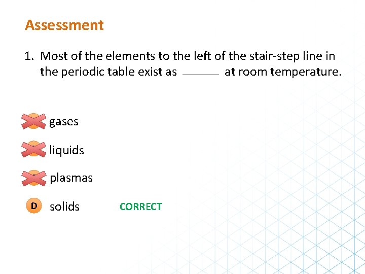 Assessment 1. Most of the elements to the left of the stair-step line in