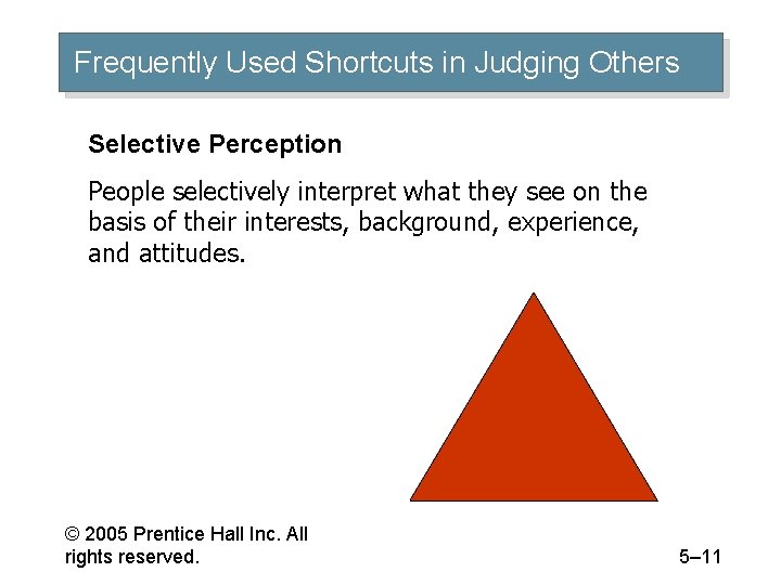 Frequently Used Shortcuts in Judging Others Selective Perception People selectively interpret what they see