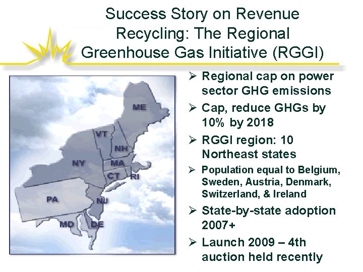 Success Story on Revenue Recycling: The Regional Greenhouse Gas Initiative (RGGI) Ø Regional cap