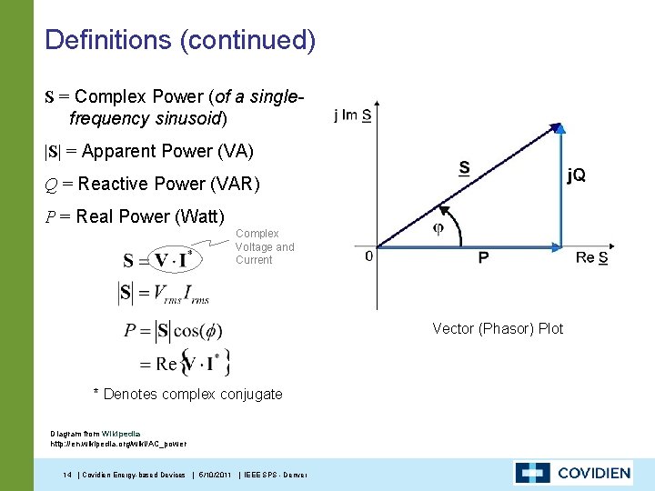Definitions (continued) S = Complex Power (of a singlefrequency sinusoid) |S| = Apparent Power