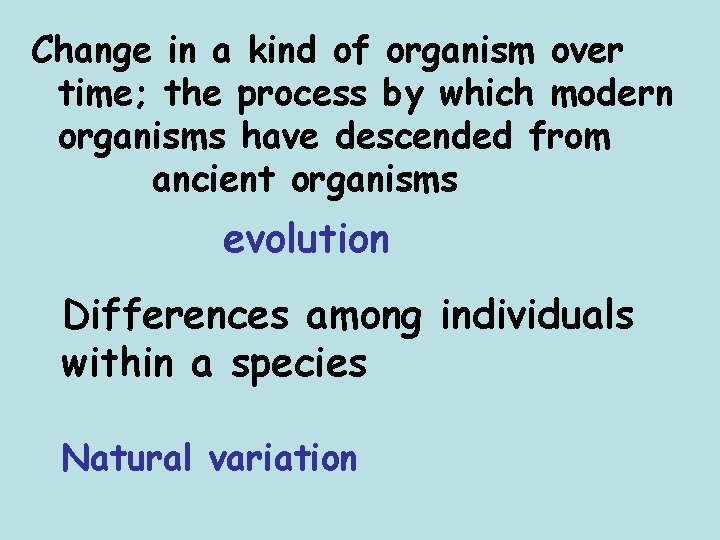 Change in a kind of organism over time; the process by which modern organisms