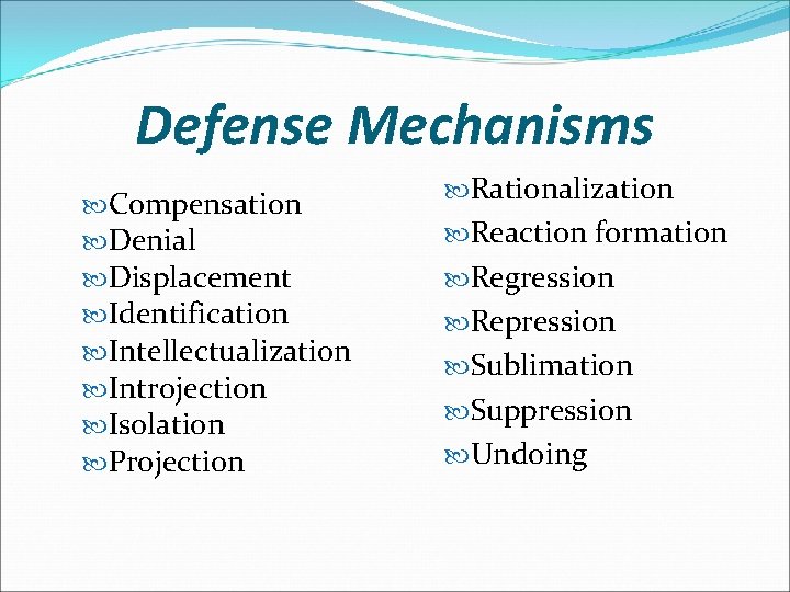 Defense Mechanisms Compensation Denial Displacement Identification Intellectualization Introjection Isolation Projection Rationalization Reaction formation Regression