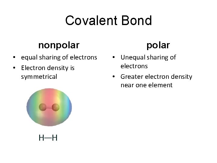 Covalent Bond nonpolar • equal sharing of electrons • Electron density is symmetrical H—H