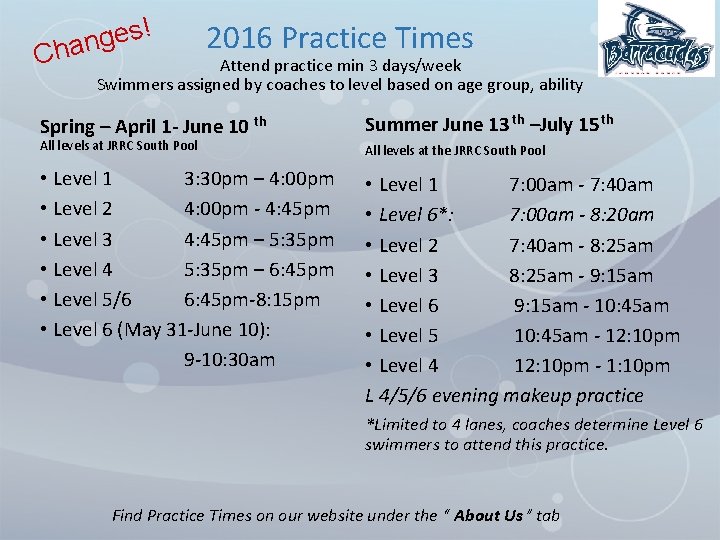 ! s e g Chan 2016 Practice Times Attend practice min 3 days/week Swimmers