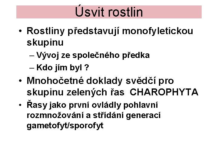 Úsvit rostlin • Rostliny představují monofyletickou skupinu – Vývoj ze společného předka – Kdo