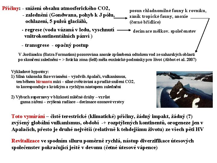 Příčiny: - snížení obsahu atmosferického CO 2, - zalednění (Gondwana, pohyb k J pólu,