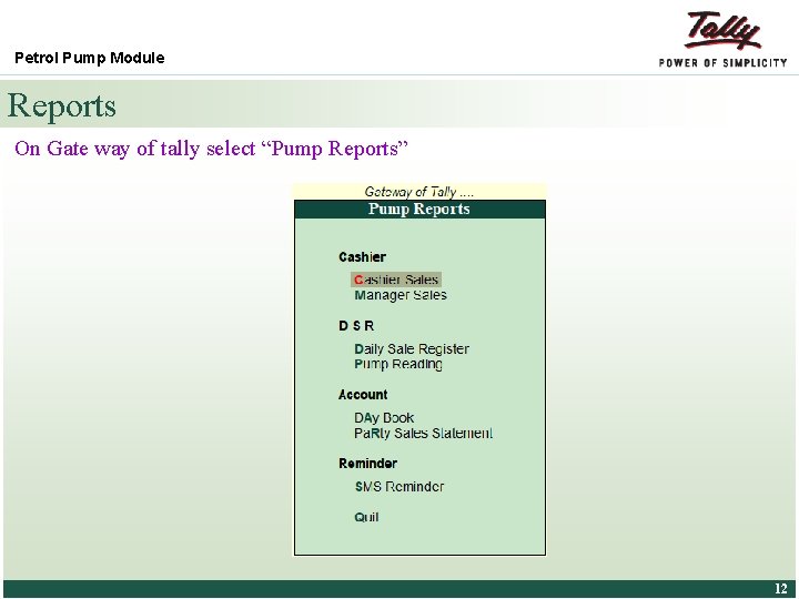 Petrol Pump Module Reports On Gate way of tally select “Pump Reports” © Tally