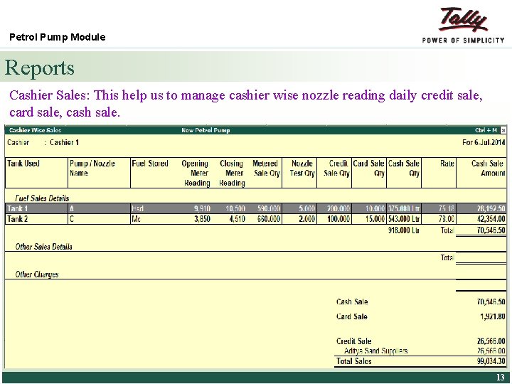 Petrol Pump Module Reports Cashier Sales: This help us to manage cashier wise nozzle
