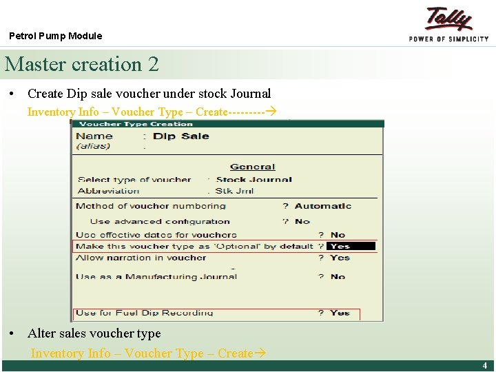 Petrol Pump Module Master creation 2 • Create Dip sale voucher under stock Journal