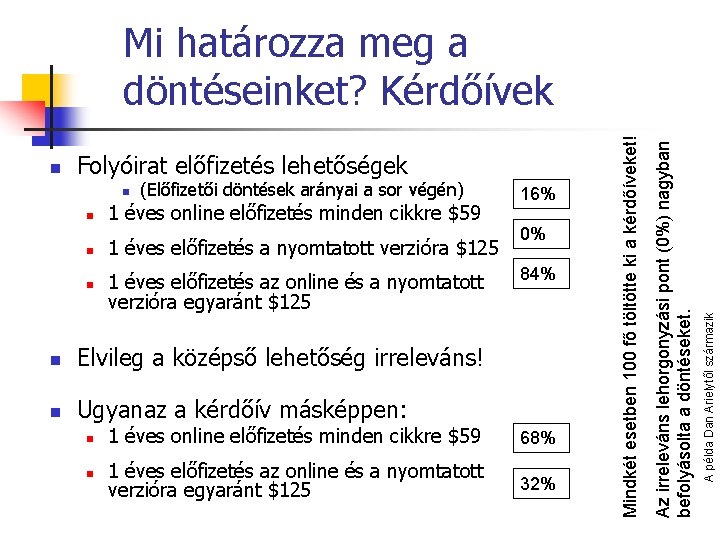 n (Előfizetői döntések arányai a sor végén) n 1 éves online előfizetés minden cikkre