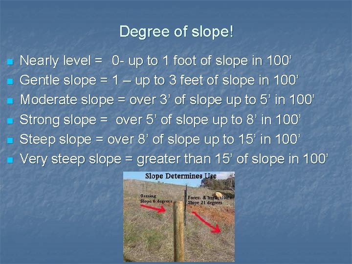 Degree of slope! n n n Nearly level = 0 - up to 1