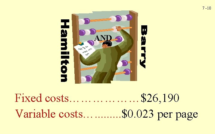 7 -10 AND Fixed costs………………$26, 190 Variable costs…. . $0. 023 per page 