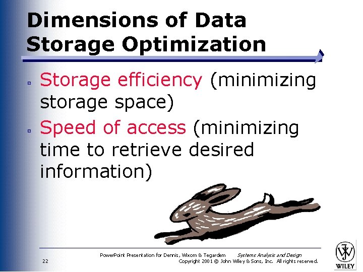 Dimensions of Data Storage Optimization Storage efficiency (minimizing storage space) Speed of access (minimizing