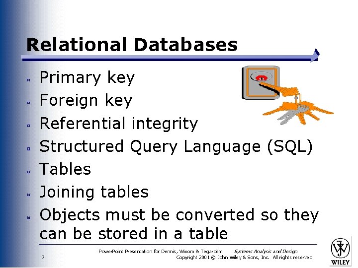 Relational Databases Primary key Foreign key Referential integrity Structured Query Language (SQL) Tables Joining