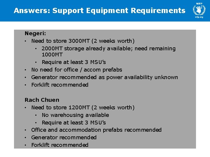 Answers: Support Equipment Requirements Negeri: • Need to store 3000 MT (2 weeks worth)