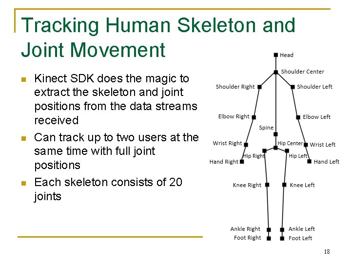 Tracking Human Skeleton and Joint Movement n n n Kinect SDK does the magic