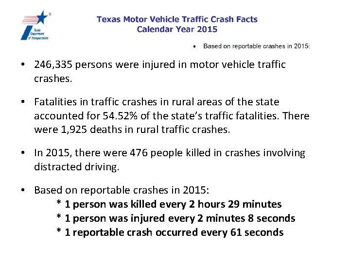  • 246, 335 persons were injured in motor vehicle traffic crashes. • Fatalities