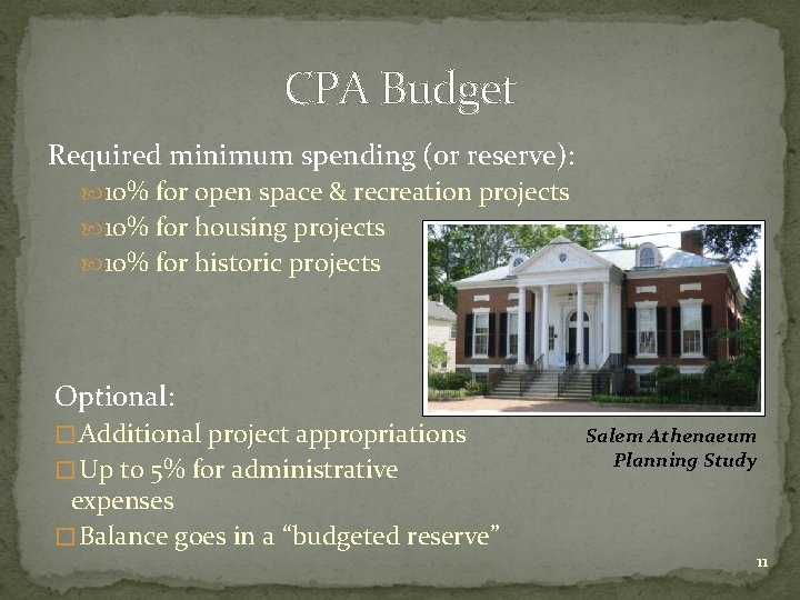 CPA Budget Required minimum spending (or reserve): 10% for open space & recreation projects