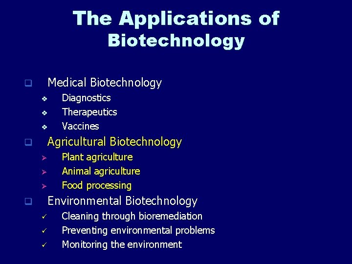 The Applications of Biotechnology Medical Biotechnology q v v v Diagnostics Therapeutics Vaccines Agricultural
