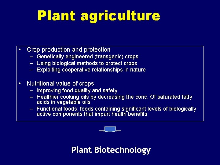 Plant agriculture • Crop production and protection – Genetically engineered (transgenic) crops – Using