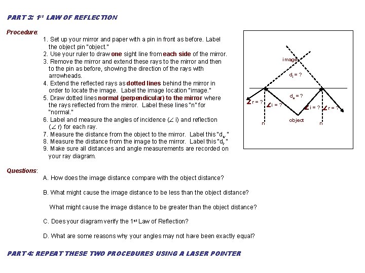 PART 3: 1 st LAW OF REFLECTION Procedure: 1. Set up your mirror and