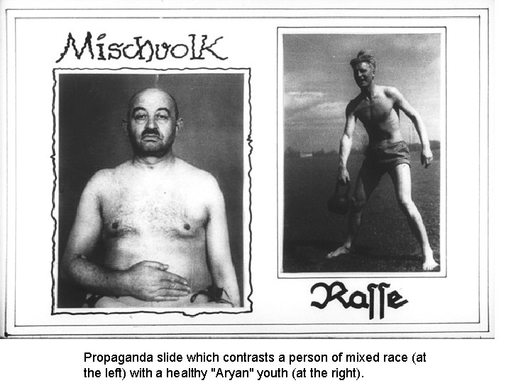 Propaganda slide which contrasts a person of mixed race (at the left) with a