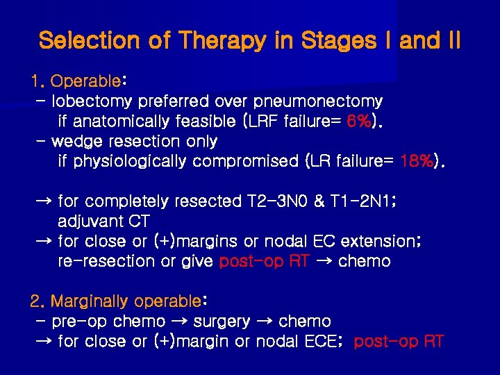 Selection of Therapy in Stages I and II 1. Operable: - lobectomy preferred over