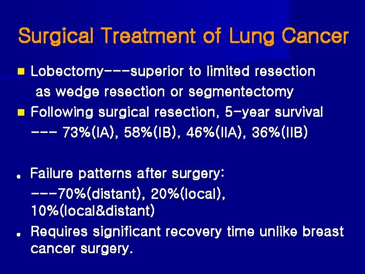 Surgical Treatment of Lung Cancer Lobectomy---superior to limited resection as wedge resection or segmentectomy