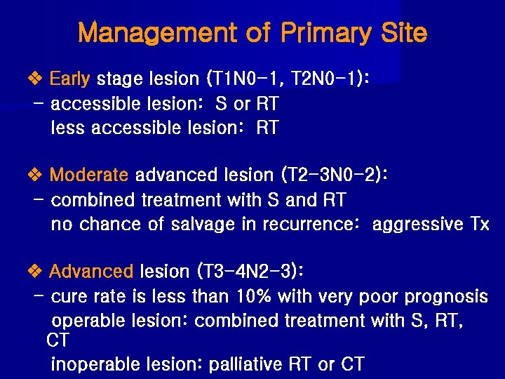 Management of Primary Site Early stage lesion (T 1 N 0 -1, T 2