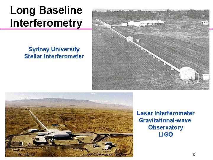 Long Baseline Interferometry Sydney University Stellar Interferometer Laser Interferometer Gravitational-wave Observatory LIGO 10 -July-02