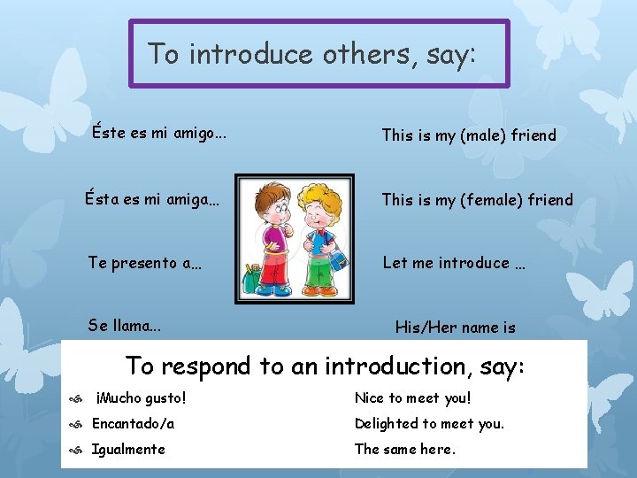 To introduce others, say: Éste es mi amigo. . . This is my (male)