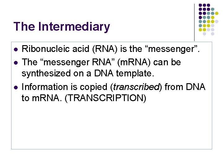 The Intermediary l l l Ribonucleic acid (RNA) is the “messenger”. The “messenger RNA”