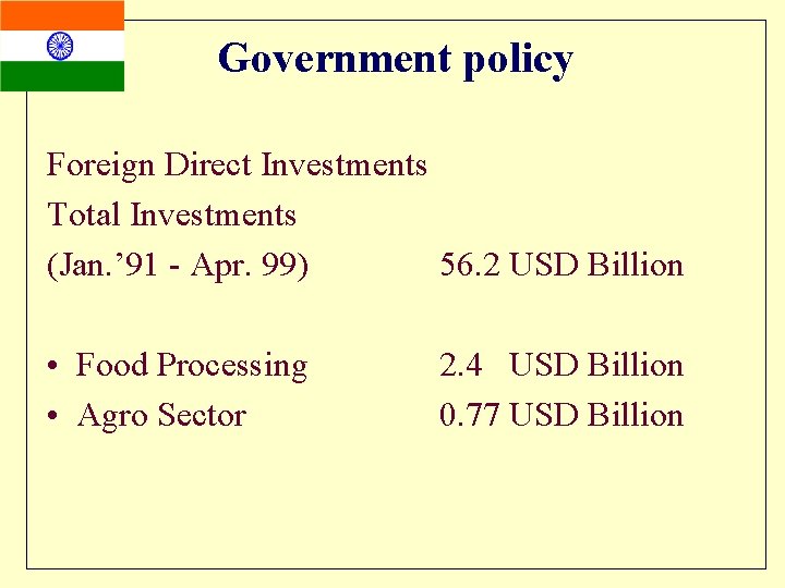 Government policy Foreign Direct Investments Total Investments (Jan. ’ 91 - Apr. 99) 56.