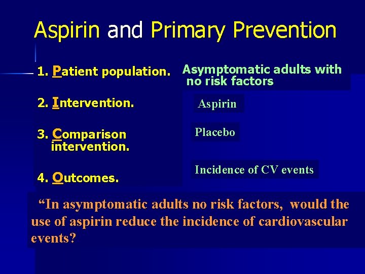 Aspirin and Primary Prevention 1. Patient population. Asymptomatic adults with no risk factors 2.