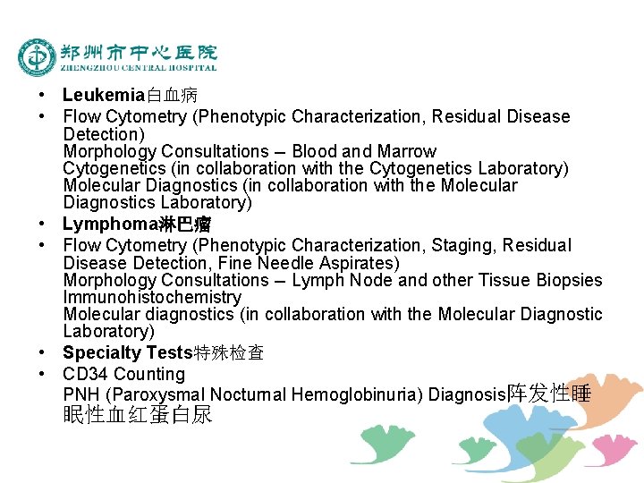  • Leukemia白血病 • Flow Cytometry (Phenotypic Characterization, Residual Disease Detection) Morphology Consultations --