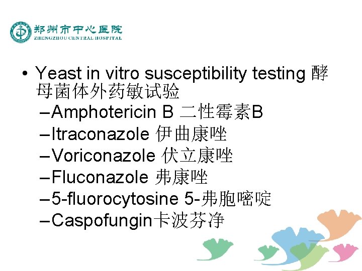  • Yeast in vitro susceptibility testing 酵 母菌体外药敏试验 – Amphotericin B 二性霉素B –