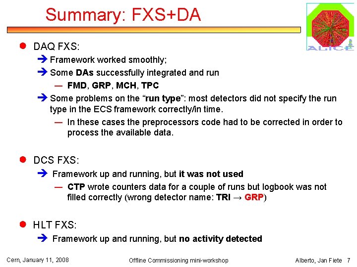 Summary: FXS+DA ● DAQ FXS: è Frameworked smoothly; è Some DAs successfully integrated and