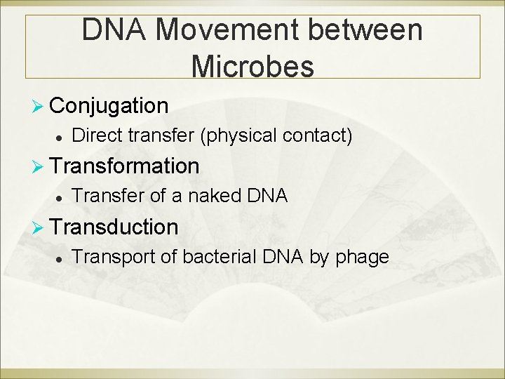 DNA Movement between Microbes Ø Conjugation l Direct transfer (physical contact) Ø Transformation l