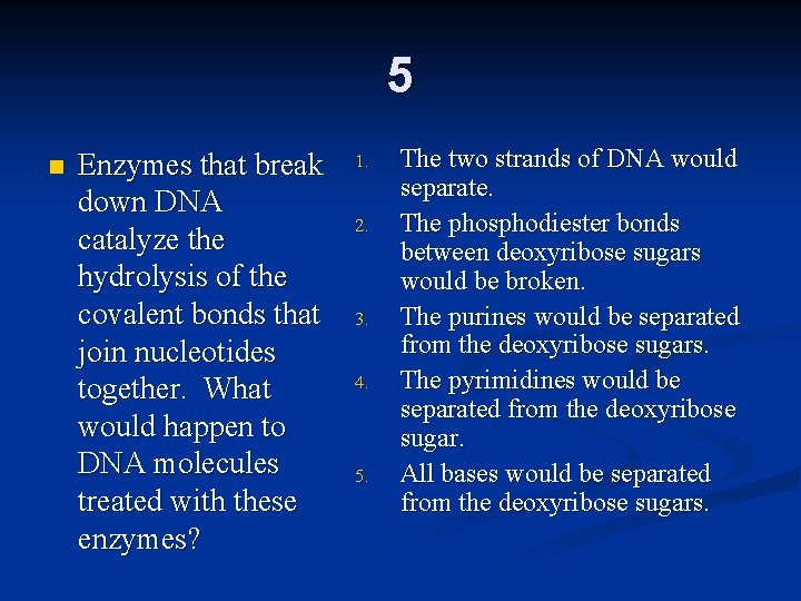 5 n Enzymes that break down DNA catalyze the hydrolysis of the covalent bonds