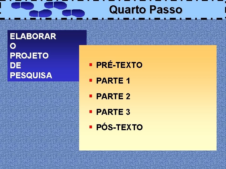 Quarto Passo ELABORAR O PROJETO DE PESQUISA § PRÉ-TEXTO § PARTE 1 § PARTE