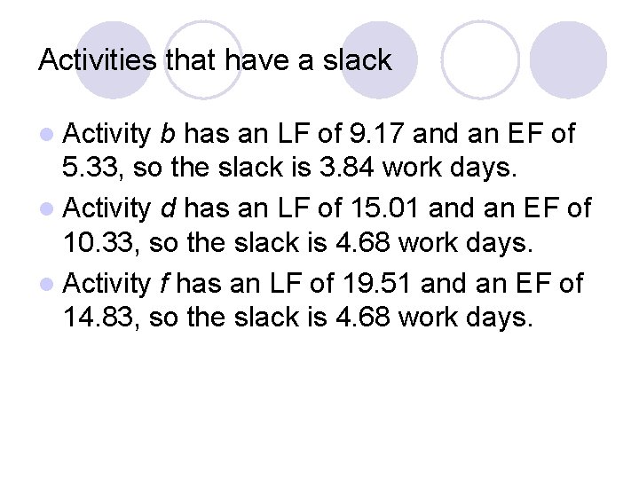 Activities that have a slack l Activity b has an LF of 9. 17