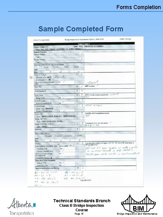 Forms Completion Sample Completed Form Technical Standards Branch Class B Bridge Inspection Course Page