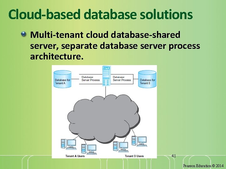Cloud-based database solutions Multi-tenant cloud database-shared server, separate database server process architecture. 41 Pearson