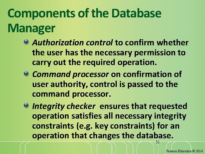 Components of the Database Manager Authorization control to confirm whether the user has the