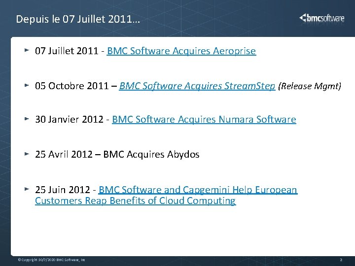 Depuis le 07 Juillet 2011… 07 Juillet 2011 - BMC Software Acquires Aeroprise 05