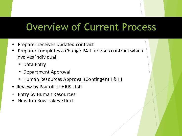 Overview of Current Process • Preparer receives updated contract • Preparer completes a Change